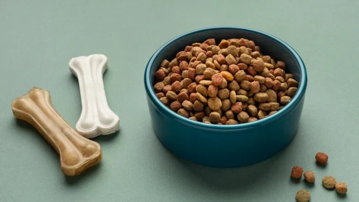A bowl of healthy dry and wet dog food
